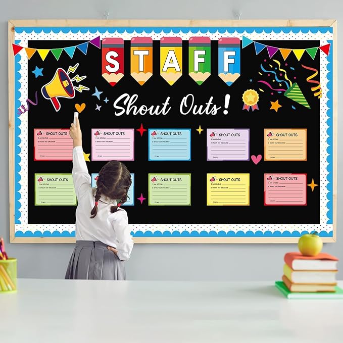 Staff Shout Out Bulletin Board Decoration Fun Shout Cutouts Appreciation Recognition Colorful Pencils Wall Decals Theme Party Supplies for Back to School Classroom Chalkboard Window Decoration Favor
