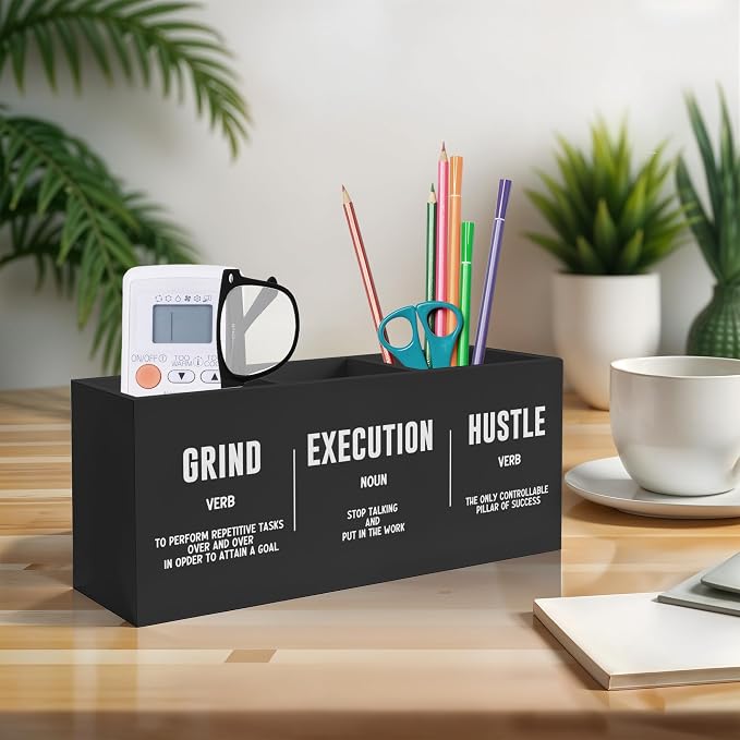 Inspirational Office Pen Pencil Holder, Inspirational Gifts for Coworkers Colleague, Grind Execution Hustle Positive Quotes Organizer for Home Office Desk Accessories
