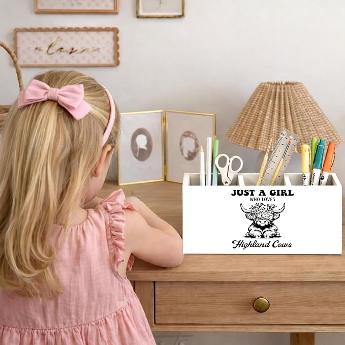 Highland Cow Desk Organizer Wooden Pen Pencil Holder for Desk, 3 Compartments Office Accessories, Just a Girl Who Loves Highland Cows Decor, Highland Cow Gifts for Women Home Office Storage