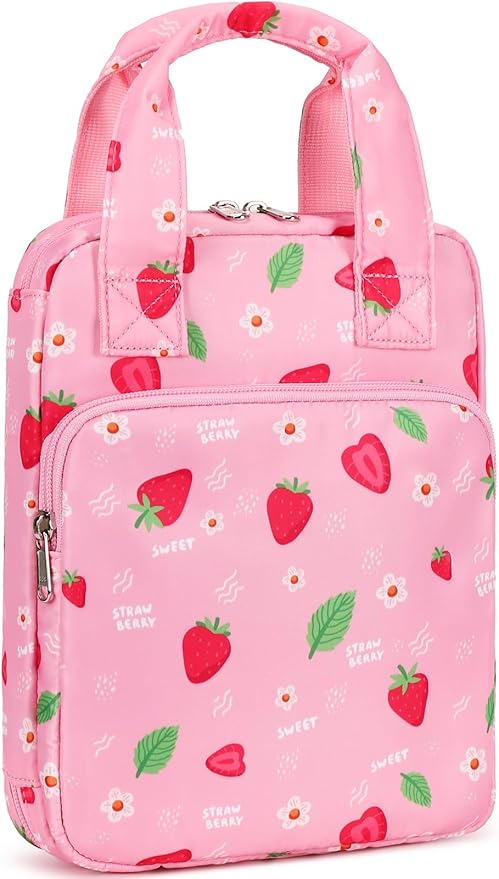 DSIUE Kids Bible Cover Case Girls Cute Bible Carrying Case Book and Study Supplies Holder/Carrier/Bag with Handle and Pockets, Pink Strawberry
