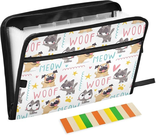 Cute Pug Dogs Cats File Folders,Plastic Folders with 13 Pockets,Expandable File Folder for Documents School Students Office,Aesthetic Folder with Labels A4 Letter Size