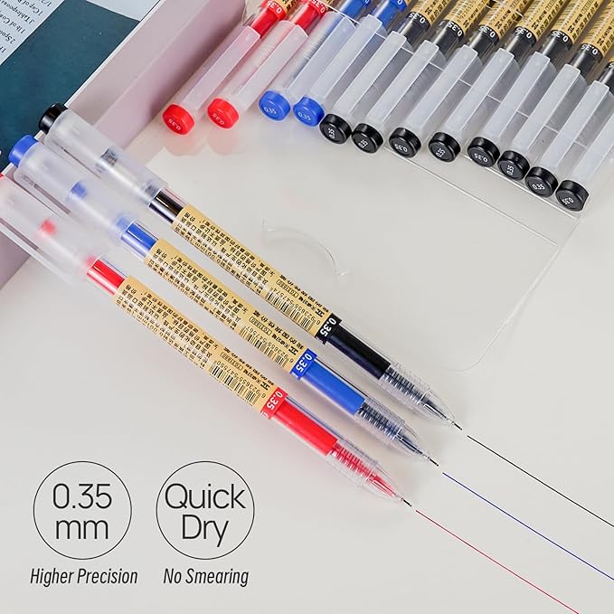 Quick Dry Gel Roller Pens, Japanese Style, 0.35mm Extra Fine Point, Precise and smooth writing, 12-Count Pack (8 Black + 2 Blue + 2 Red)
