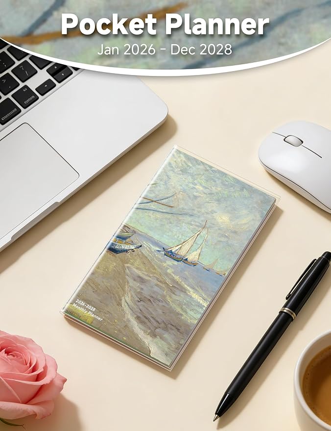 Pocket Calendar 2026-2028 Art Series, Monthly Planner Jan 2026 to Jul 2028 (3.7" x 6.7") Perfect Purse Calendar, Pocket Agenda with Protective Plastic Sleeve-Boat