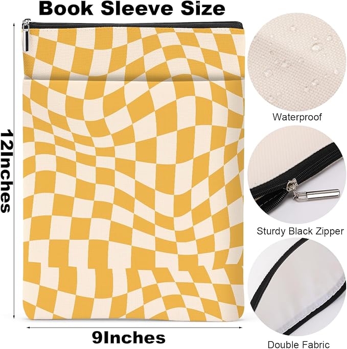 Wave Yellow Plaid Book Lovers Gifts Book Sleeve Vintage Checkered Waterproof Book Cover Book Pouch Book Protector with Front Pocket Book Club Christmas Birthday Gifts for Women Girl Book Accessories