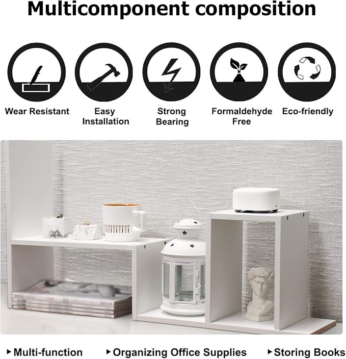 MASAKA B&W - Kawaii Storage Desktop Organizer for Your Desk Space, Double H Plants Display Shelf, Home Office Storage Rack Adjustable Stackable for Office, Dormitory (White*02)