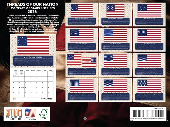 USA 250th Anniversary 1776 Thread of Nation Flag Calendar 2026 Monthly Wall Calender 12 Month | American Made In The USA