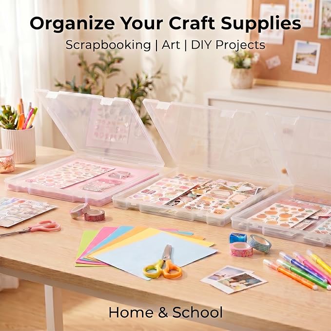 Scrapbook Paper Storage 12x12 Inch, 6 Pack Scrapbook Organizer with Secure Latch, Clear Stackable Plastic Paper Storage Box for File, Photo, Craft, Puzzle, Office Supply, Vinyl Sheet