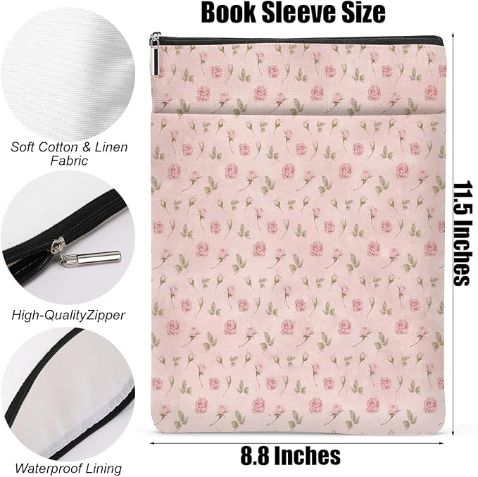 Floral Book Sleeve, Vintage Book Covers for Paperbacks, Pink Roses Flowers Book Pouch Book Protector, Book Lovers Gifts for Women Girls Mom, Book Accessories Book Club Gifts Christmas Birthday Gifts