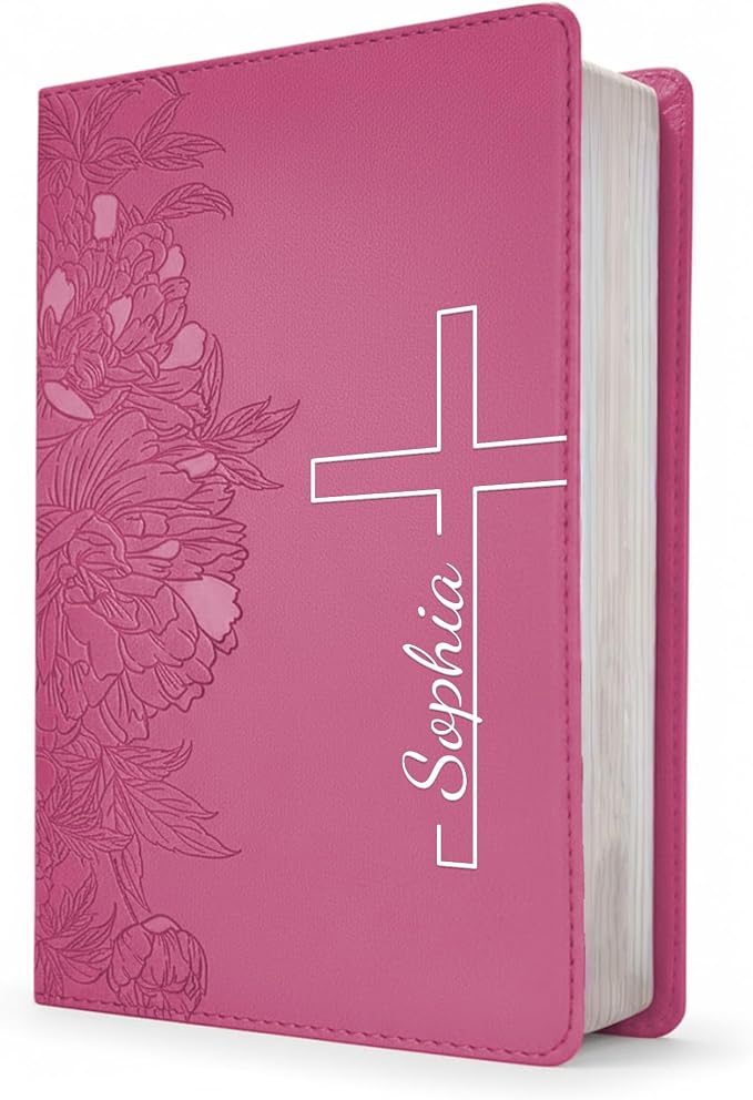Personalized NLT Bible, Peony Pink Leatherlike, Red Letter, Personal Size Giant Print, Add Your Name