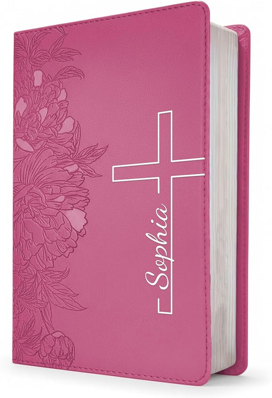 Personalized NLT Bible, Peony Pink Leatherlike, Red Letter, Personal Size Giant Print, Add Your Name
