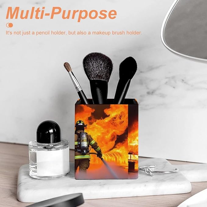 Firefighter Fireman Flame Pencil Holder Waterproof PU Pen Cup Holders Women Makeup Brush Holder Desktop Pen Organizer for Office Desk Accessories