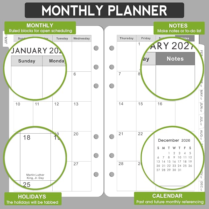 2027-2029 Monthly Planner Refill - A6 Size, Planner Inserts with 6-Hole Punched, JAN 2027 - DEC 2029, Two Pages Per Month, 2027-2029 Monthly Calendar with Tabs