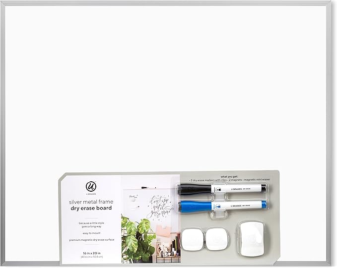 U Brands Magnetic Whiteboard, 16" x 20", Wall Mounted Dry Erase Board with Silver Aluminum Frame, Includes Markers, Magnets, and Eraser, White Board for Home, Office, Classroom