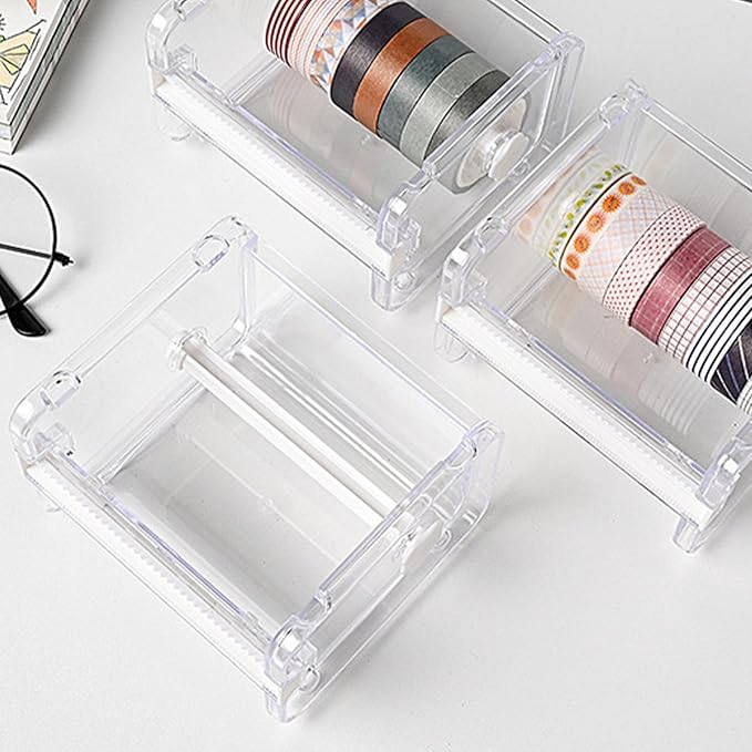Yosoo Health Gear Tape Holder Cutter Simple Mini Multipurpose Organizer Desktop Office Stationery Transparent Visible Washi Packaging Dispenser Roll DIY Sticker Storage Cutting Tape, Adhesives
