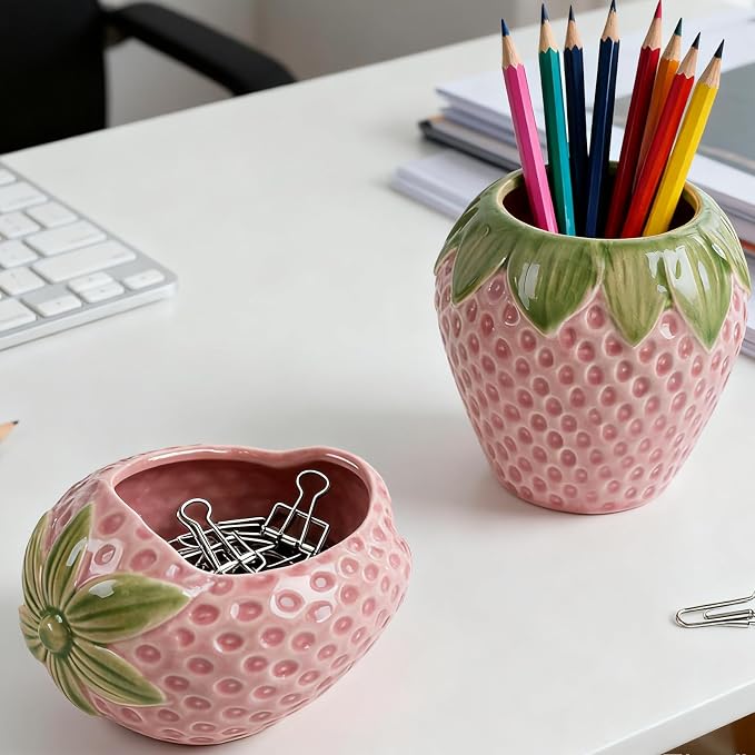 Ceramic Paper Clip Holder, Strawberry-Shaped Binder Clip Box Cute Office Decor Supplies for Desk Organizer (Strawberry Pink)