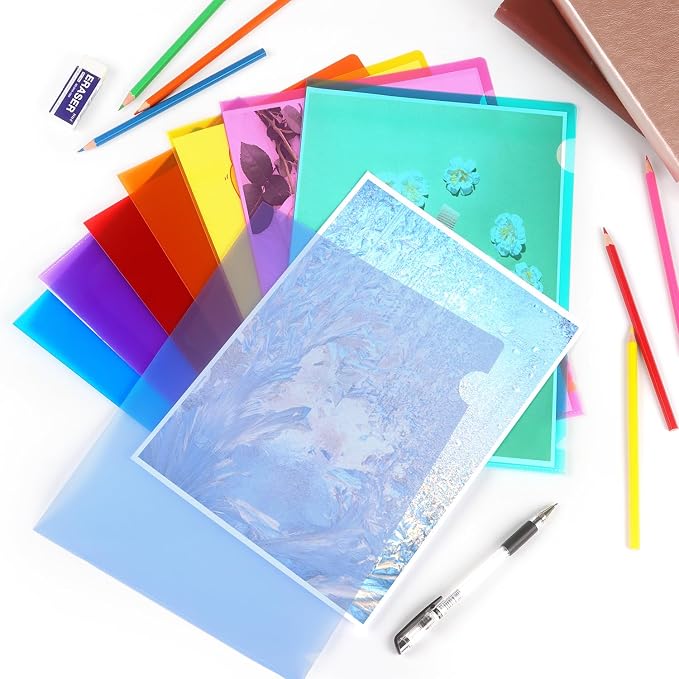 Tamaki 16 Pack Clear Plastic Folders Sleeves, Plastic Sleeves for Documents Transparent Paper Poly Jacket Sleeves Folders, 8 Assorted Colors