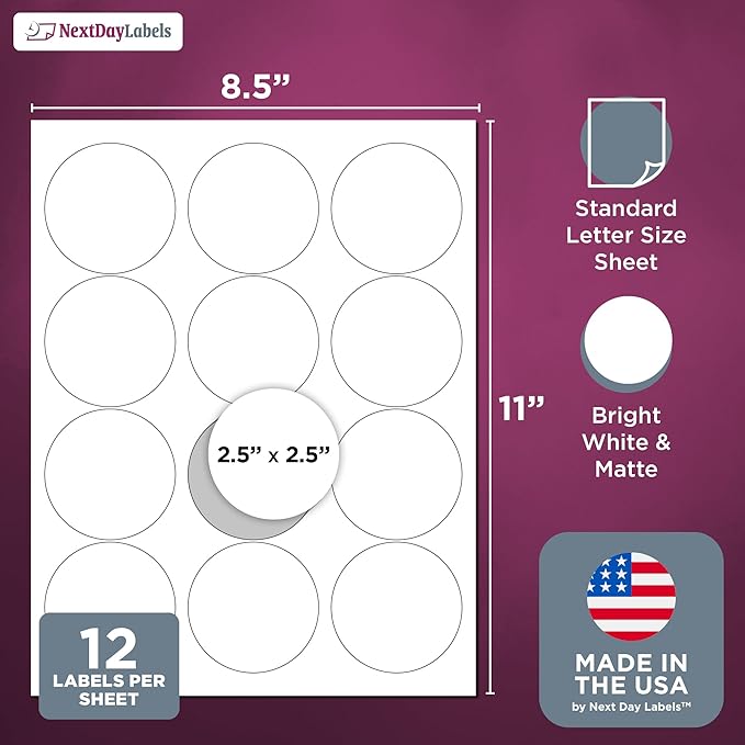 NextDayLabels 2.5 Inch Round Circle Stickers White Blank Labels for Laser Inkjet Printer - 12 Per Sheet Self-Adhesive Product Packaging Logo Made in USA - 1200 Labels