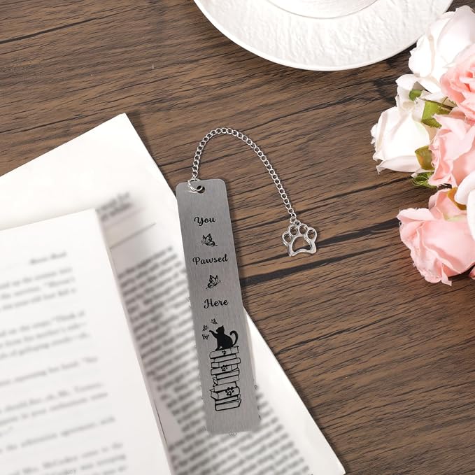 Cat Bookmark, Zinc Alloy Cute Funny Bookmark with Paw-Shaped Charm Pendant for Book & Cat Lovers Gifts Women Men Readers Teens Kids Girls Boys
