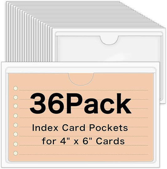 36 Pack Adhesive 4" x 6" Index Card Pockets with Top Open for Loading, Clear Plastic Labels Holders for Organizing, Storage Bins, Library Card, Totes, Shelves