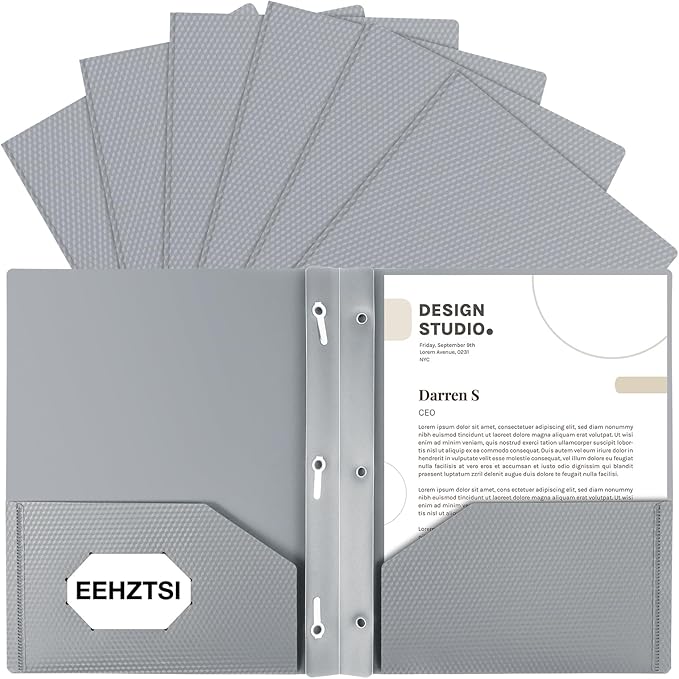 12-Pack Plastic Pockets with Prongs, 2-Pocket Folders with 3 Fasteners, Holds 8.5" x 11" Paper, Silvery