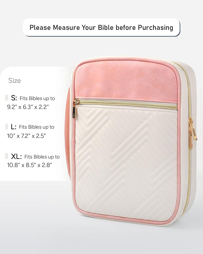 BellaHold Quilted Vegan Leather Bible Cover, Color-Blocked Bible Cover Case for Women, Bible Carrying Case with Handle, Bible Study Supplies & Christian Gift for Women and Girls (White & Pink, TS/S)