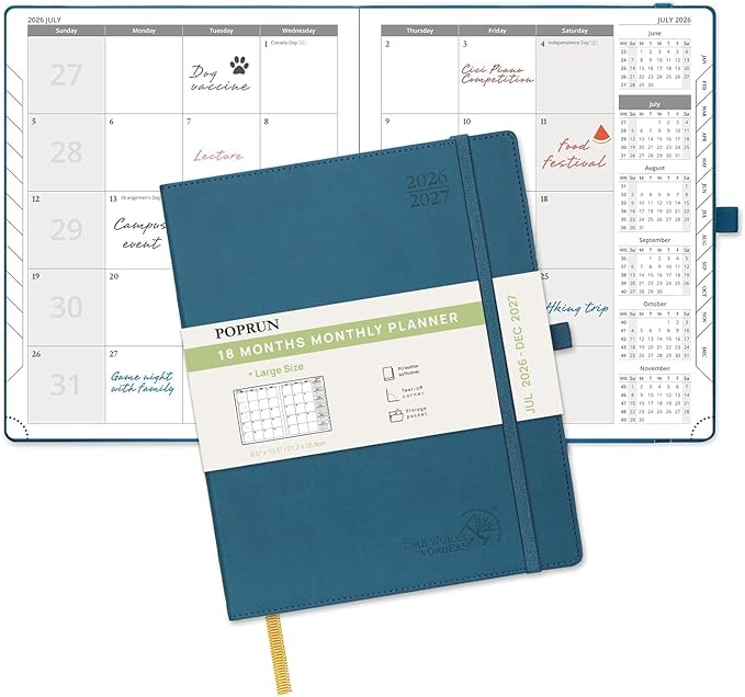 POPRUN Monthly Planner 2026-2027 (Large- 8.5" x 10.5" Soft Cover), 18-Month Calendar Book (Jul.2026-Dec.2027), Calendar Planner with Monthly Tabs & Pocket, 100 GSM Paper - Night Sky Blue