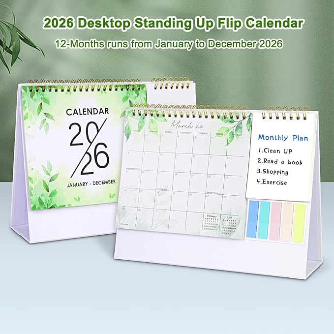 2026 Desk Calendar Small Standing Desktop Calendar (Jan-Dec. 2026) for Office Home Tabletop, 2026 Small Flip Calender with Writing Notepads and Sticky Notes, Green