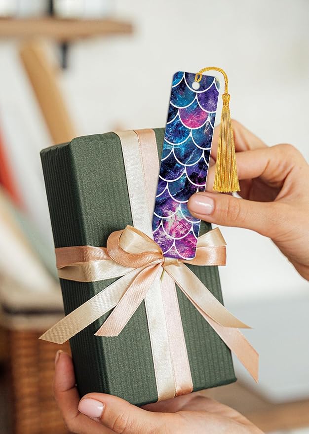 WIRESTER Set of 3 Metal Bookmarks with Light Gold Tassel - Blue Wave, Mosaic Mermaid Scale, Pink Mermaid Scales for Students, Readers, Teachers, Book Lovers