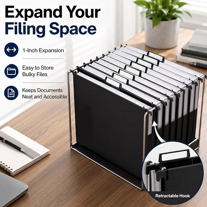 gisgfim 16 Pack Plastic Hanging File Folder Letter Size 1inch Expanding File Folders with Tabs Extra Capacity Hang Folders Heavy Duty for Filing Cabinet Designed for Bulky Files, Black
