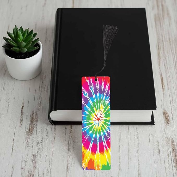 Tie Dye Bookmarks Set 5 with Tassels Rainbow Rendering Wooden Bookmarks for Reading Women Men Students Teachers School Supplies