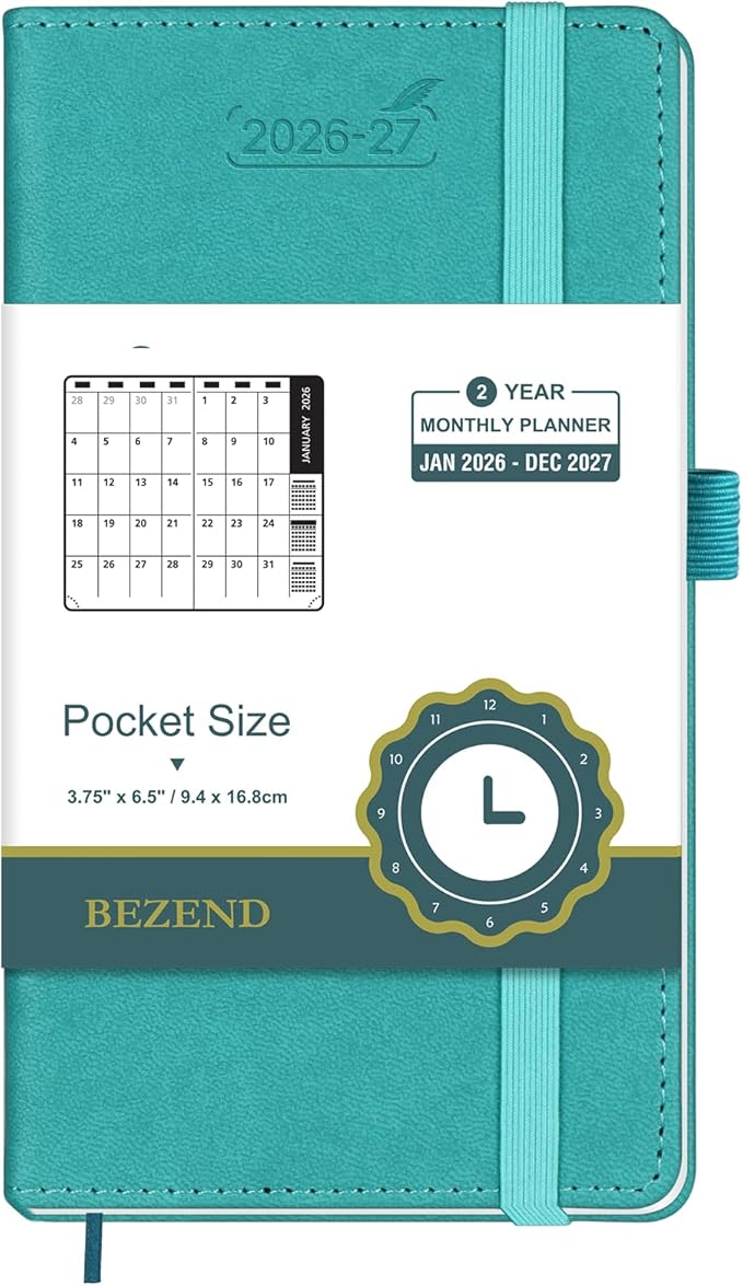 BEZEND Pocket Monthly Planner 2026-2027 (3.5" x 6.5") 2 Year Calendar Book for Purse with Note Pages, 100 GSM Paper, Inner Pocket, Pen Holder, Vegan Leather Hardcover in Turquoise
