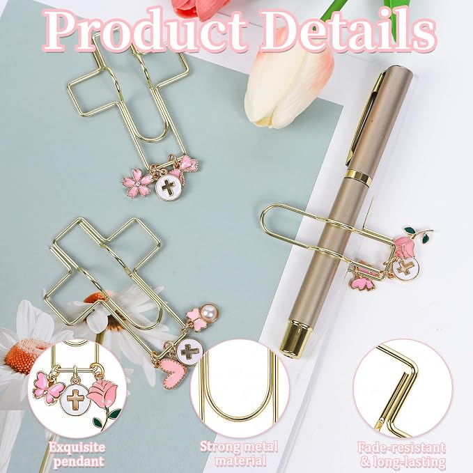 Wxiben Cross Paper Clip Bookmark - 3 Pcs Flower Bow Metal Paperclip Pen Holder Book Mark with Charms Page Marker Planner Decorative Paper Clips Gifts for Women Reading Book Lover School Accessories