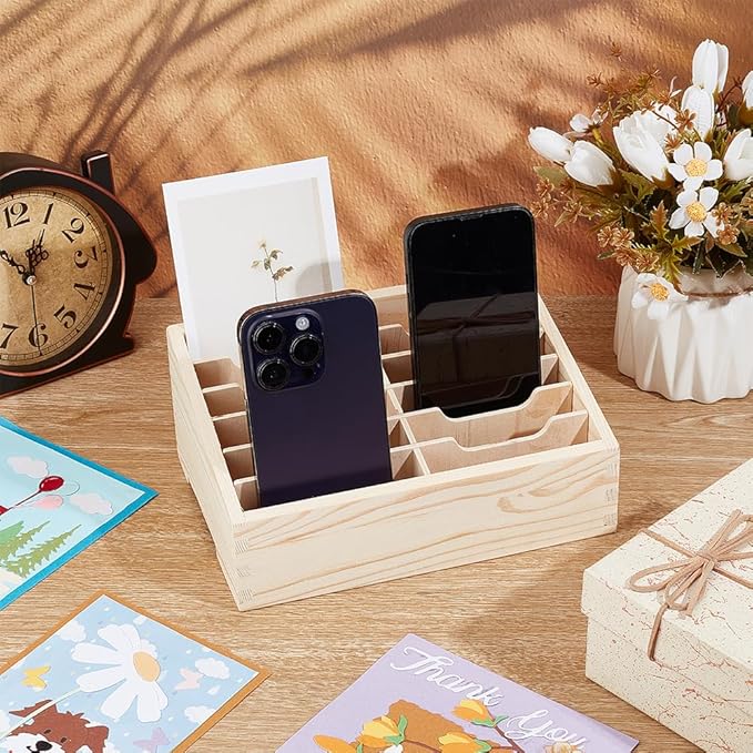 BENECREAT 12-Grid Wooden Cell Phone Holder, Multifunctional Mobile Phone Organiser, Desktop Organiser for Classroom Office Desktop Storage, Antique White