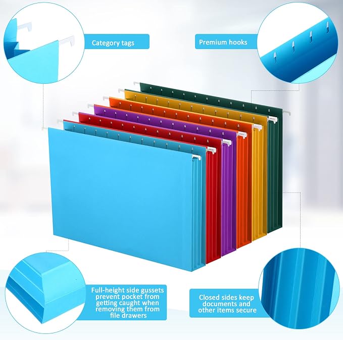 Tinlade 24 Pcs Hanging File Folders with Full Height Gusset Paper A4 Expanding Letter Size Hanging File Folders for Designed for Bulky Files Medical Charts (Cute Color,Classic Style)