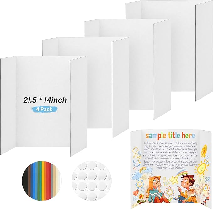 4 Pcs Trifold Poster Board, 21.5x14 inches Small White Poster Board Comes with Sticky Accessories, Corrugated Presentation Boards, Display Board for School Projects, Business Presentations