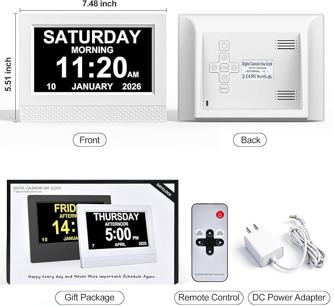 Clock with Day and Date for Elderly, 7" Display Digital Calendar Day Clock with 21 Custom Alarms and Medicine Reminders, 17 Display Modes, Dimmable Dementia Alzheimers Clocks for Seniors
