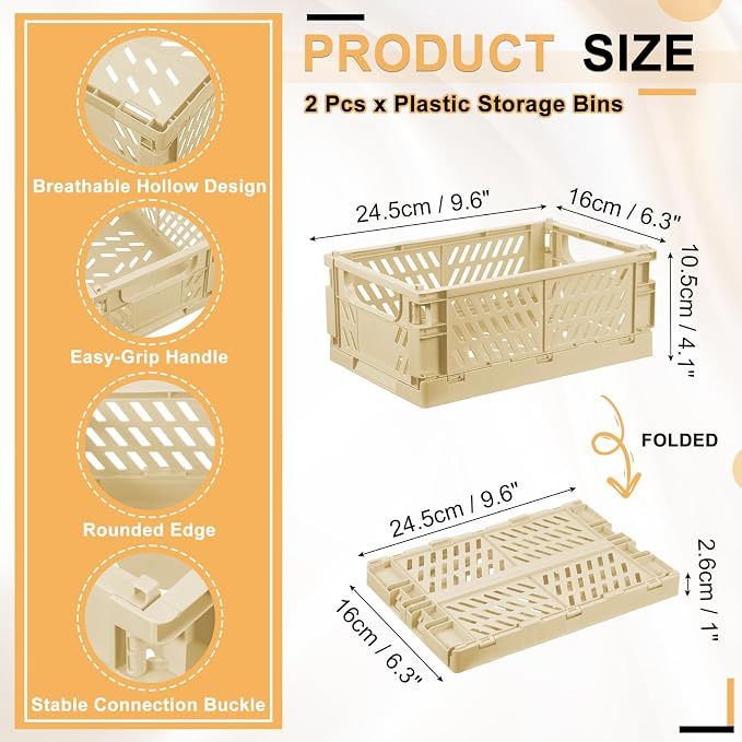 uxcell 2Pcs Small Plastic Storage Baskets, 9.6 x 6.3 x 4.1 Stackable Foldable Storage Bins with Handles Collapsible Crates for Home Office Shelves Closet Books Organizing, Cream White