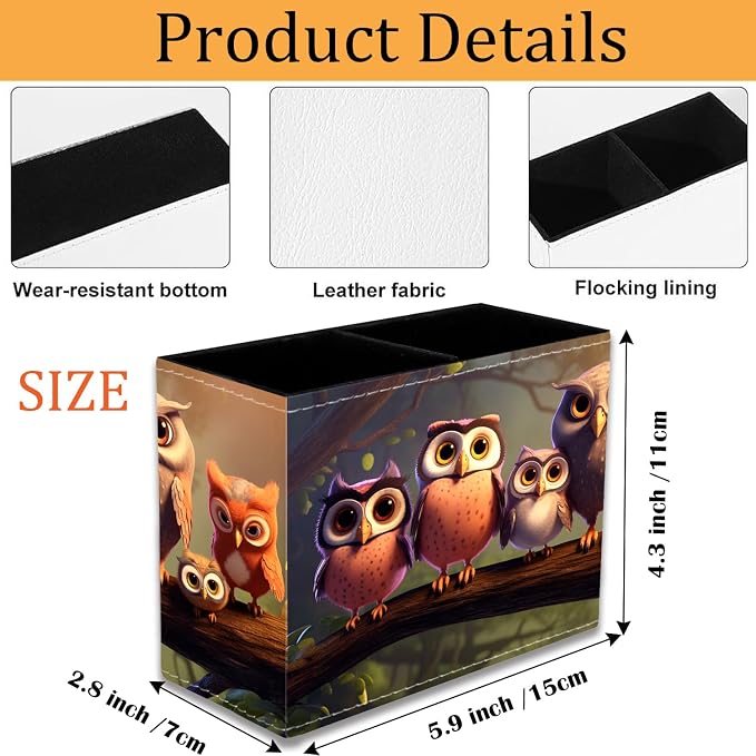 Pen Holder for Desk, PU Leather Multifunctional Desktop Storage Box and Anti-Slip Mouse Pad Set, Makeup Brush Holder Pen Organizer for Office and Home - Cute Owl