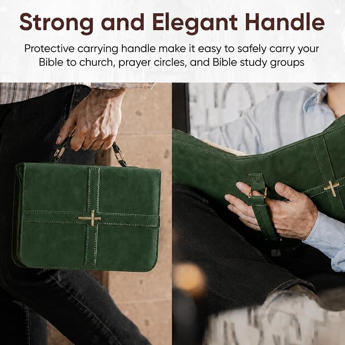 Bible Cover (U.S. Patent Pending), Discreet & Elegant Bible Case, Green PU Leather Bible Cover, Cross Design Bible Bags, Strong and Sturdy Book Case, Includes Premium Bookmark