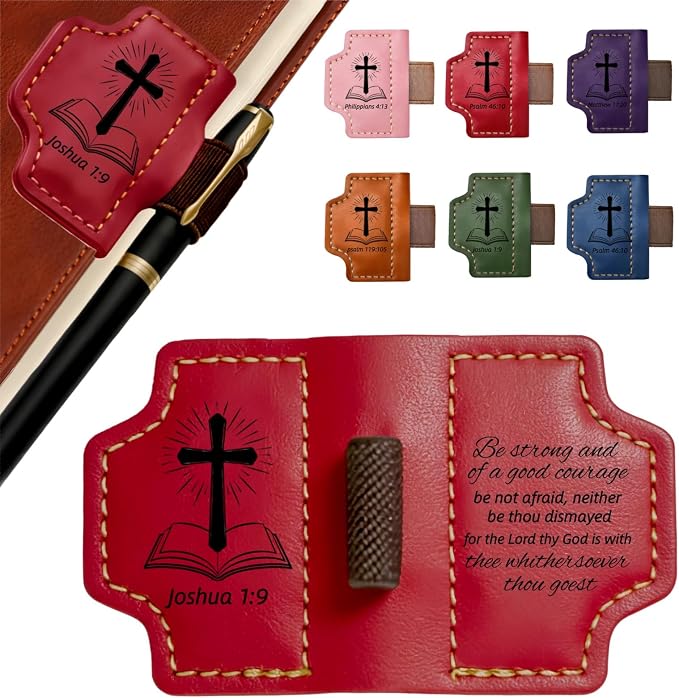 MOTEERLLU Bygone Mark Personalized Magnetic Leather Bookmark Pen Holder, Christian Gifts, Inspirational Bible Book Marks for Reading Women, Men, Teachers, Book Lover(Red Joshua 1:9)