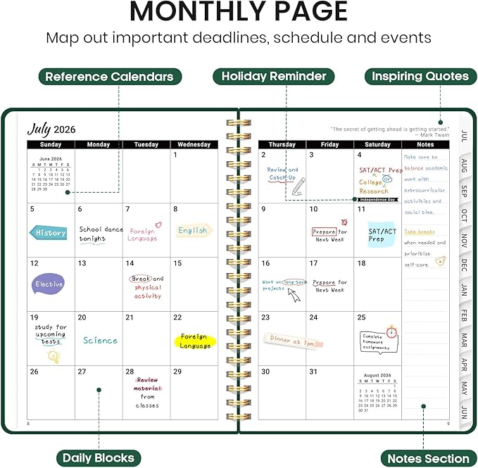 Planner 2026-2027 for Women & Men, Academic Monthly and Weekly Calendar Planner, Jul 2026 - Jun 2027, A5 (6.3" x 8.5"), Teacher Student Planning Book with Tabs, Ideal for Office School Supplies - Dark Green