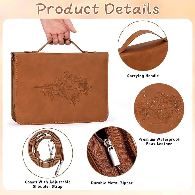 19PCS Floral Brown Leather Bible Cover for Women Bible Cover Cases for Teen Girls Christmas Gift Christian Carrying Bag Journaling Kit with Shoulder Strap Highlighter Pens & Book Marker Study Supplies