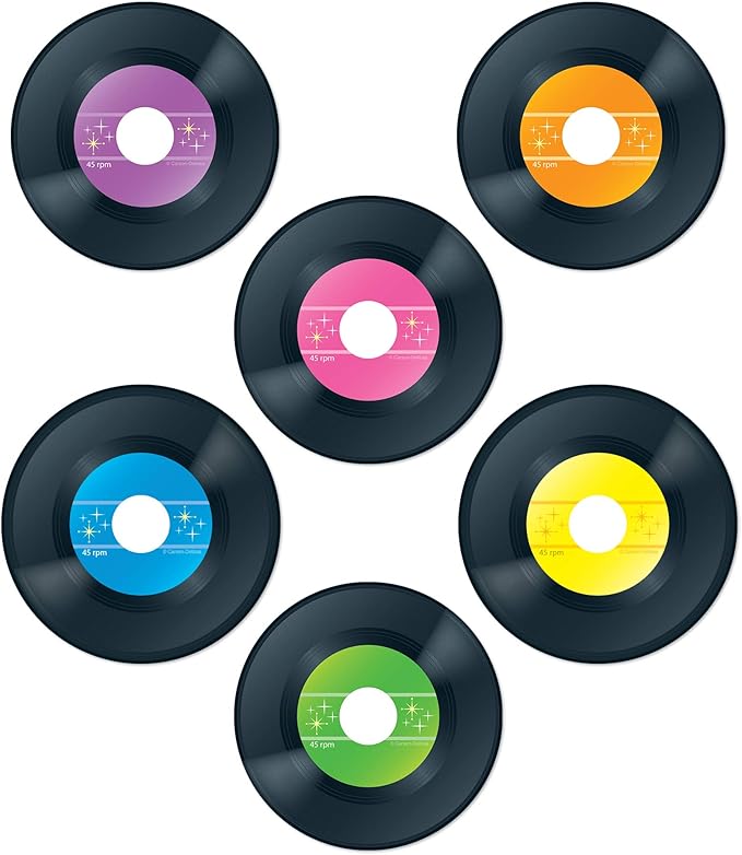 Carson Dellosa 45-Piece Records Paper Cutouts, Colorful Cardstock Disco Groovy Party Decorations, Retro Cut-Outs for Bulletin Board, Birthday, 70's & 80's, and Classroom Decor