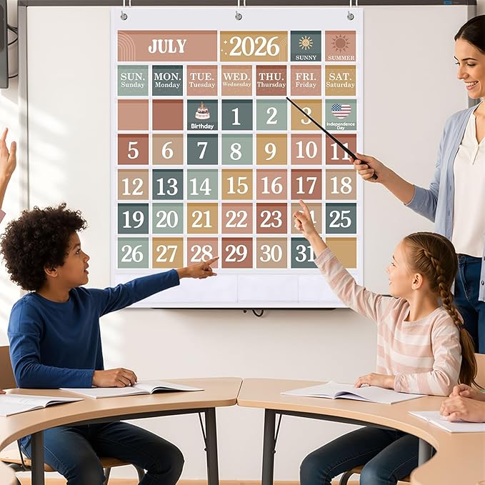 Sinload Classroom Calendar Pocket Chart Set Calendar Bulletin Board Set Seasons Festival Weather Pocket Chart for Classroom Decoration Back to School Supplies(Modern Boho,White)