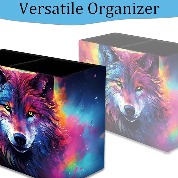Pen Holder, Pencil Case, Makeup Brush Storage Box, Tableware Storage Box, Suitable for Office Or Home Item Organizing Stand - Colorful Space Wolf