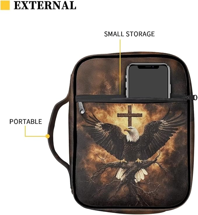 Suobstales Eagle Cross Fire Print Bible Cover Carrying Book Case for Women Men Lightweight Bible Bag Bible Protective with Handle and Zippered Pocket