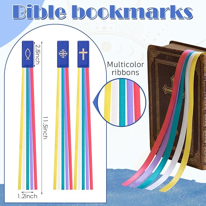 Outus 3 Pieces Bible Ribbon Bookmark Markers Artificial Leather Bookmark with Ribbons for Books Office (Solemn,Blue)