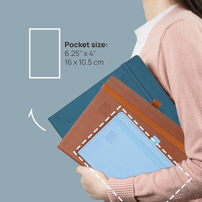 POPRUN Pocket Monthly Planner 2026-2027 (Pocket- 4''x 6.25'' Soft Leather Cover) - 18 Month Calendar Book for Purse (Jan.2026 - Jun. 2027), 100 GSM Thick Paper - Pacific Green