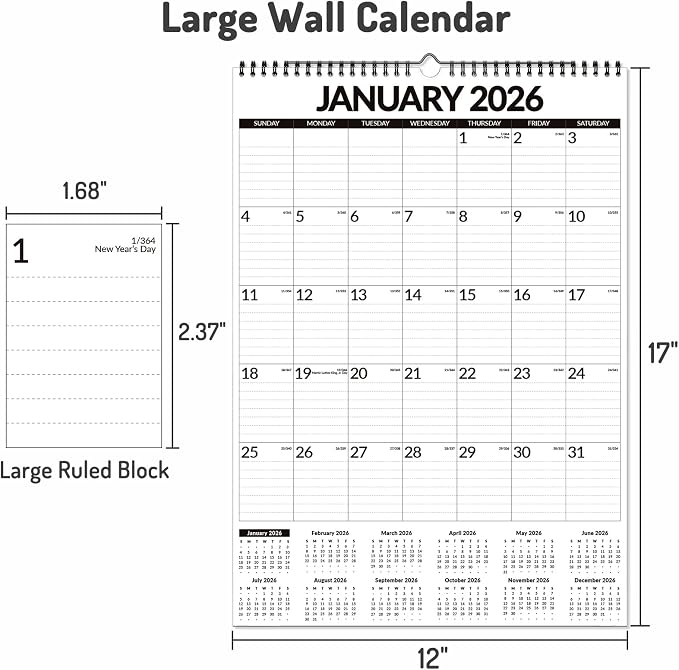 2026 Calendar, Forvencer Large Wall Calendar 2026, 12" x 17", Jan 2026 to Jun 2027, 18-Month Calendars with Stickers, Vertical Hanging Spiral Calendar Planner, Thick Paper, Ruled Blocks, For Family, Office & Seniors
