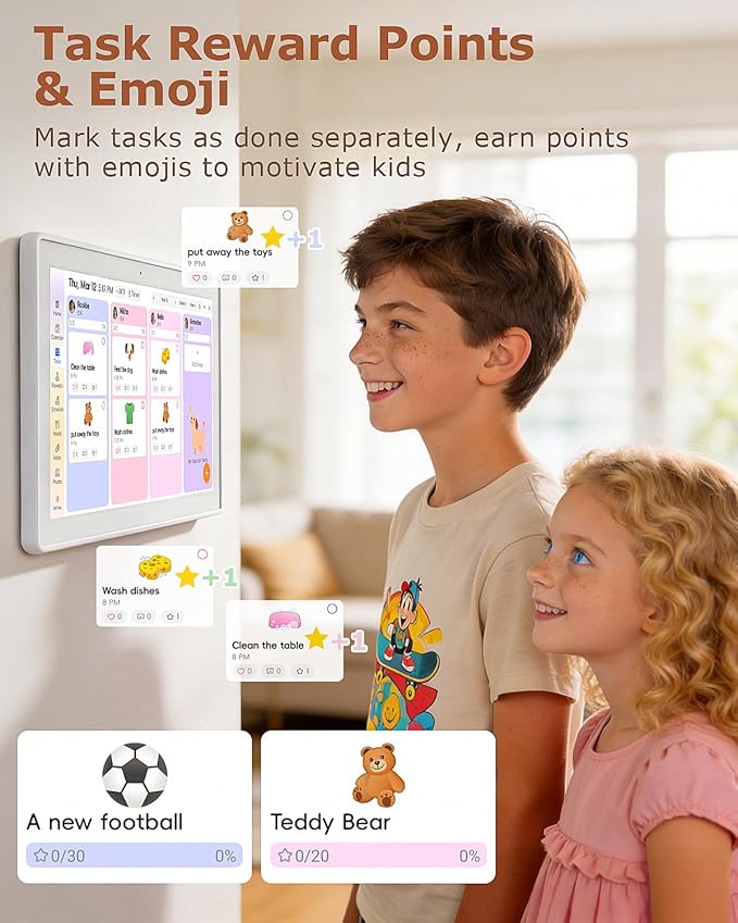 15.6 Inch Wall Planner Digital Calendar & Chore Chart, Smart Touchscreen Interactive Family Schedule Display with Electronic Photo Album, Wall-Mounted Smart Home Organizer for Daily Tasks, Appointments & Photo Slideshow, White